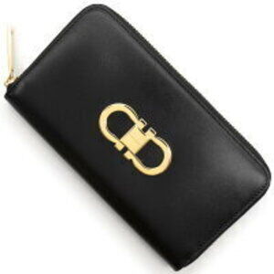 Salvatore Ferragamo Double Gancini Long Wallet Zipper Black Red Nero